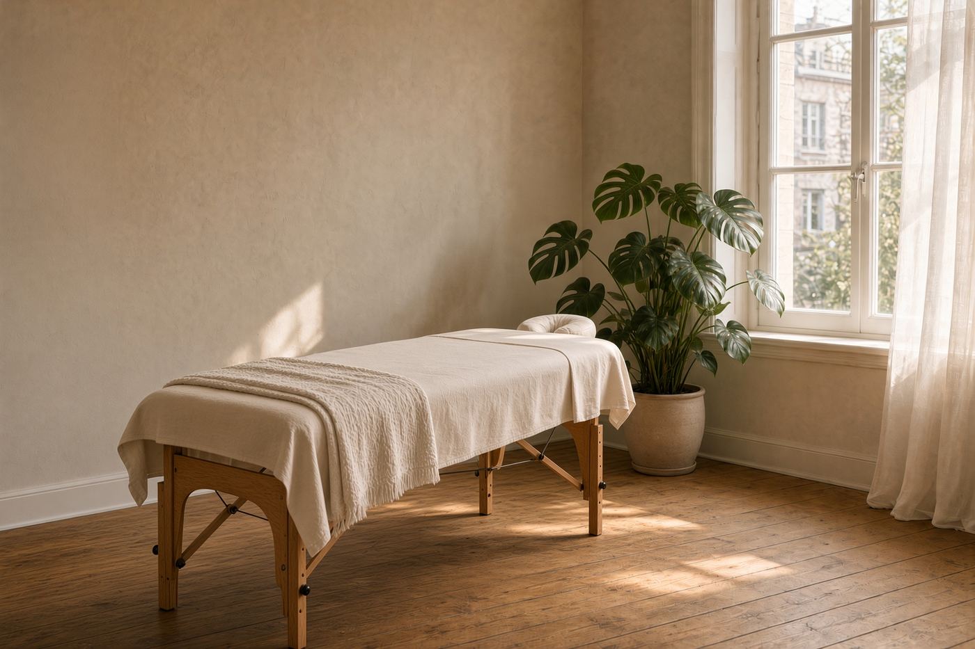 Stille kamer met massagetafel en plant in ochtendlicht